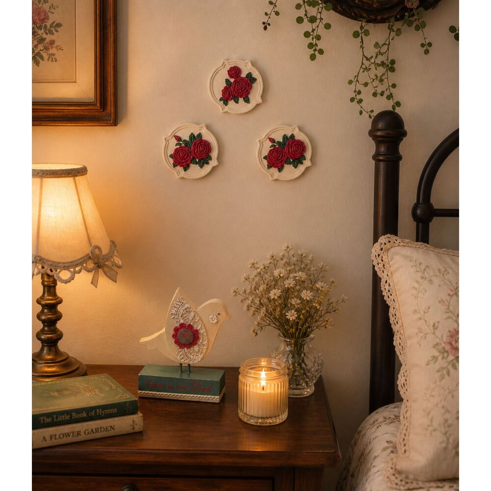 Vintage Rose Wall Plaques Bird Figurine | Cottagecore Floral Wall Decor |